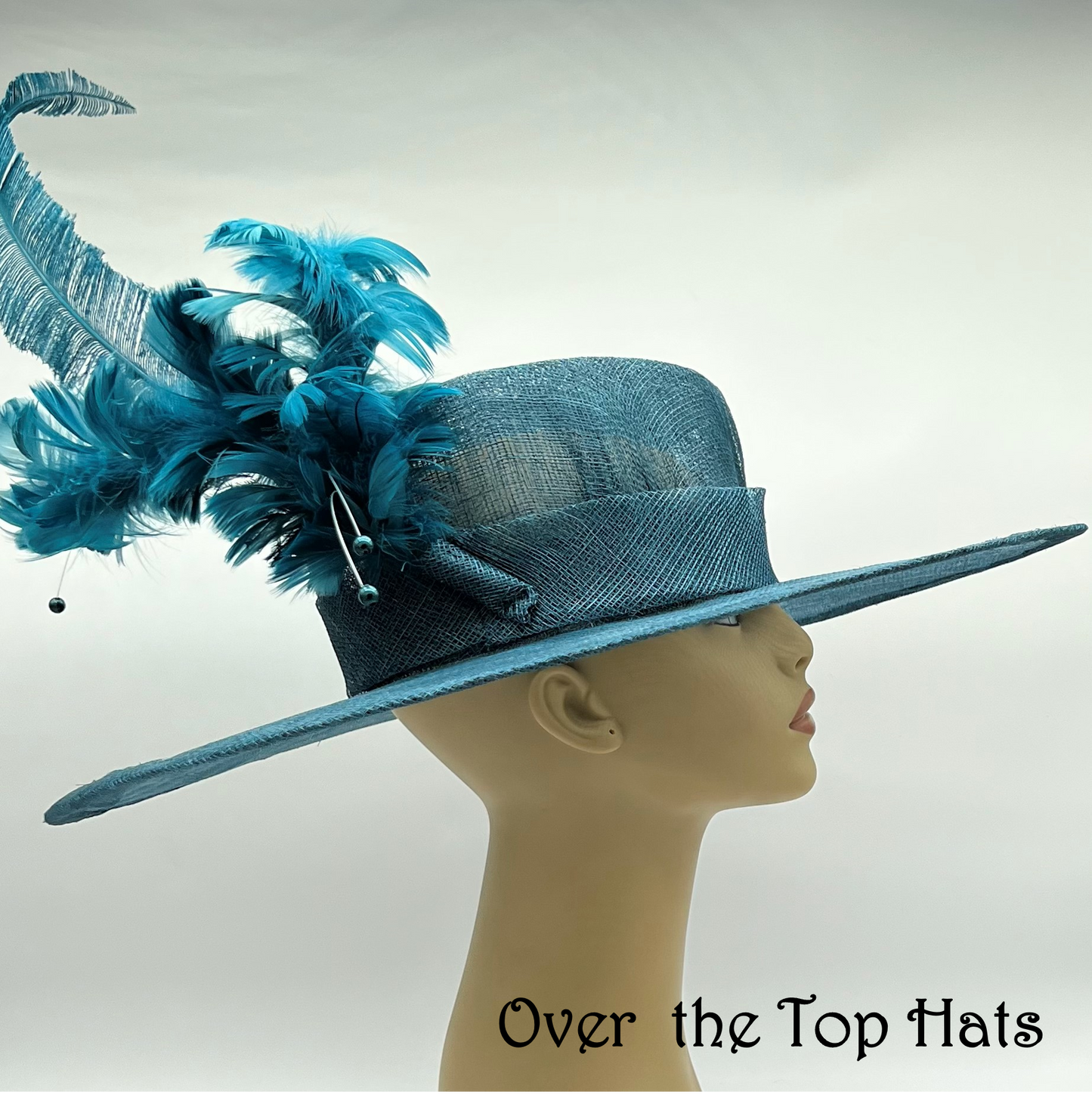 Beautiful Teal Big Brimmed Hat with Asymmetrical Crown and Feathers, Great for Derby, Steeple Chase, Garden Party or Special Occasion
