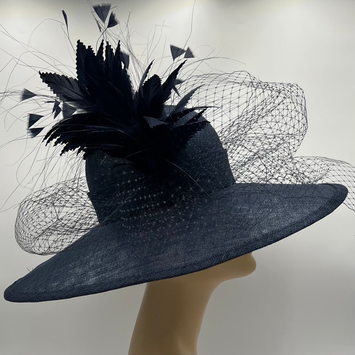 Navy Big Brimmed Hat with Veiling and Feathers