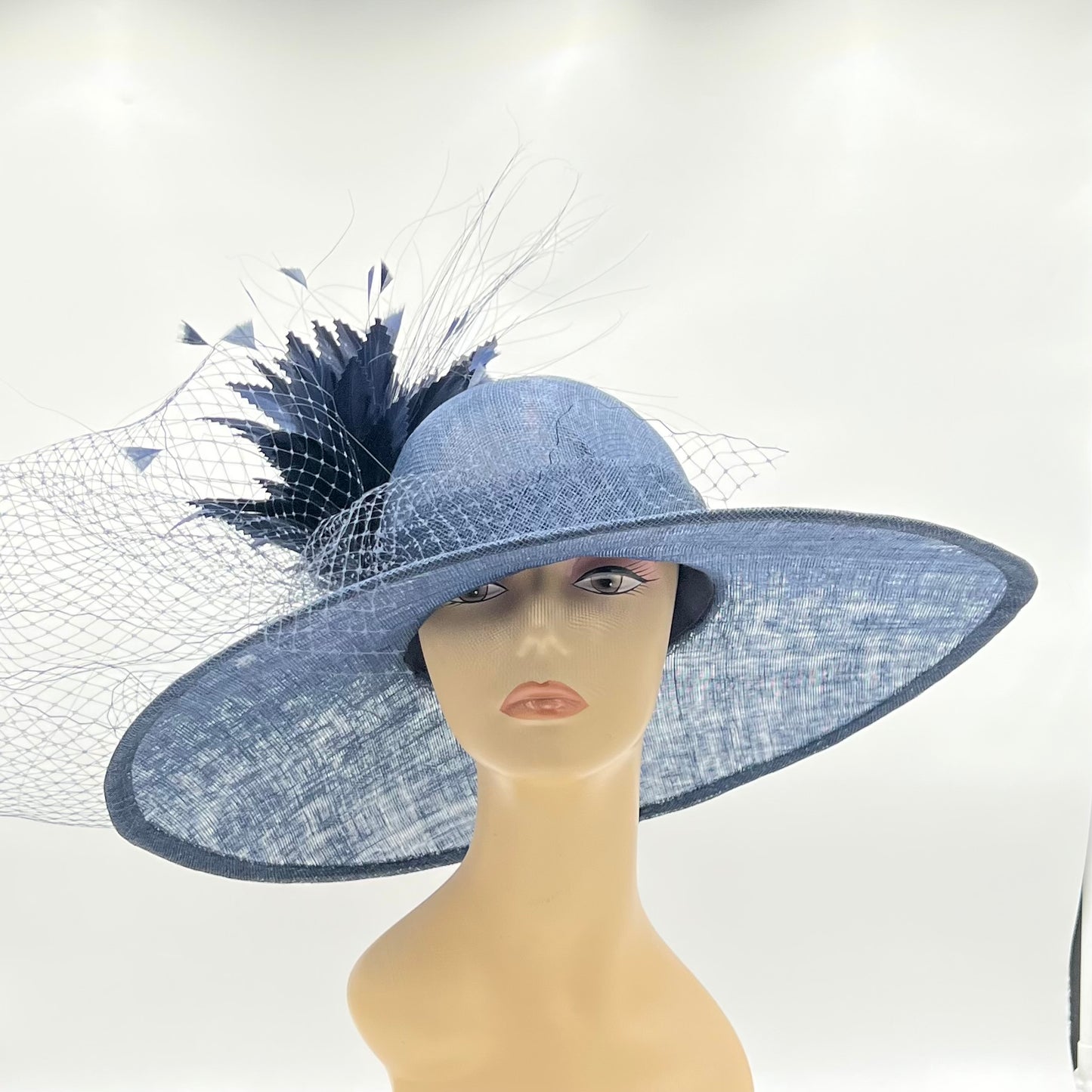 Navy Big Brimmed Hat with Veiling and Feathers