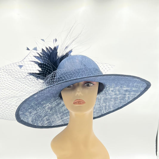 Navy Big Brimmed Hat with Veiling and Feathers