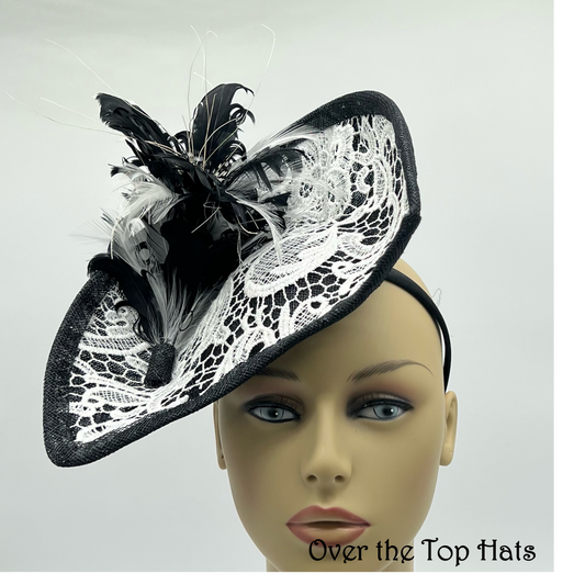 Sinamay and Lace Black and White Saucer, Great for Kentucky Derby, Ascot or Church