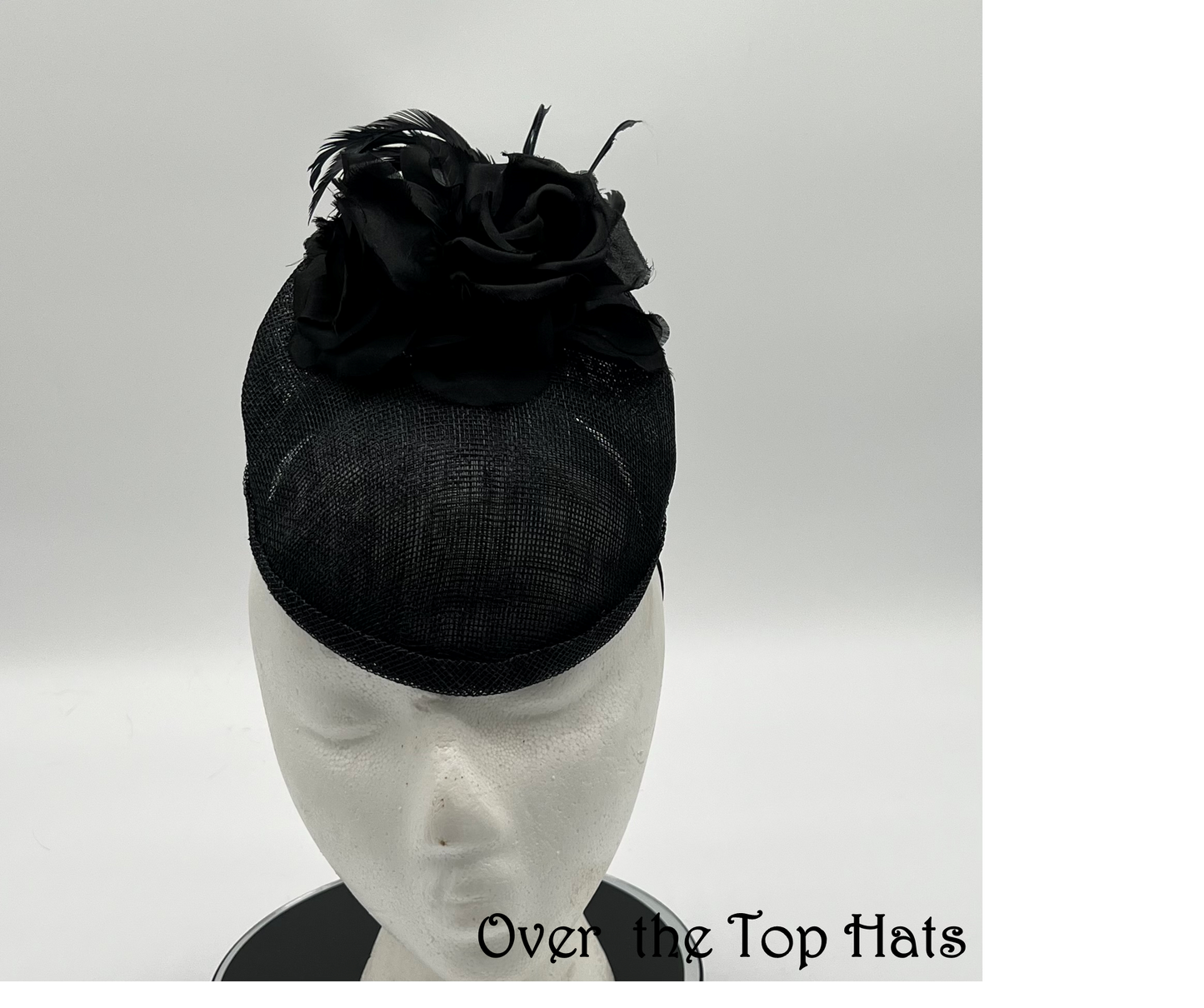 Black Percher Hat with Flowers and Feathers