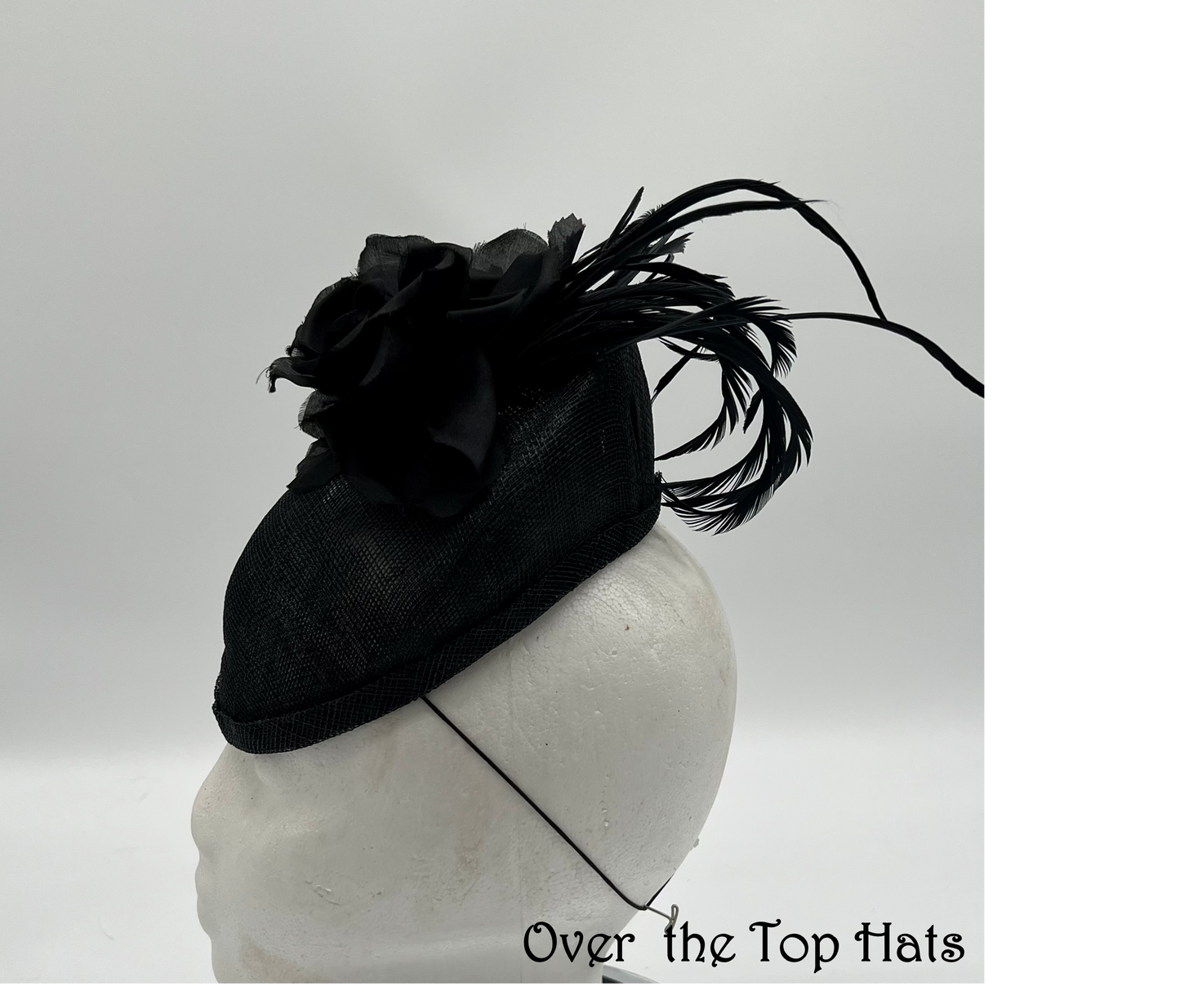 Black Percher Hat with Flowers and Feathers