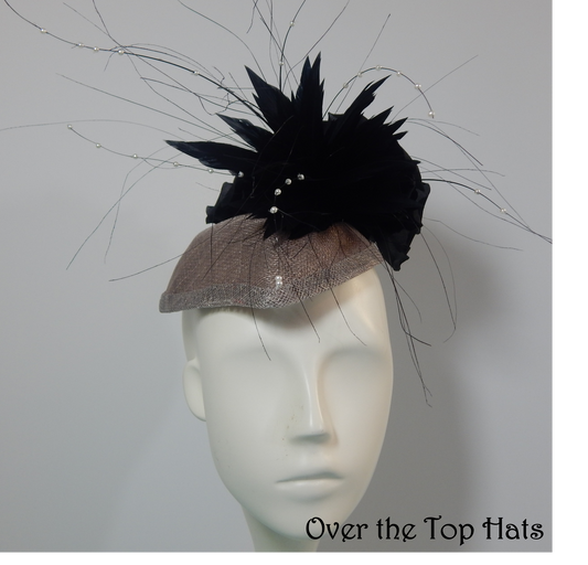 Black and Gray Tear Drop Fascinator, Great for Derby, Ascot, Steeplechase, and weddings