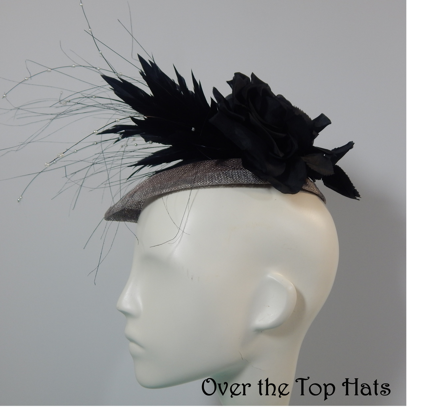 Black and Gray Tear Drop Fascinator, Great for Derby, Ascot, Steeplechase, and weddings