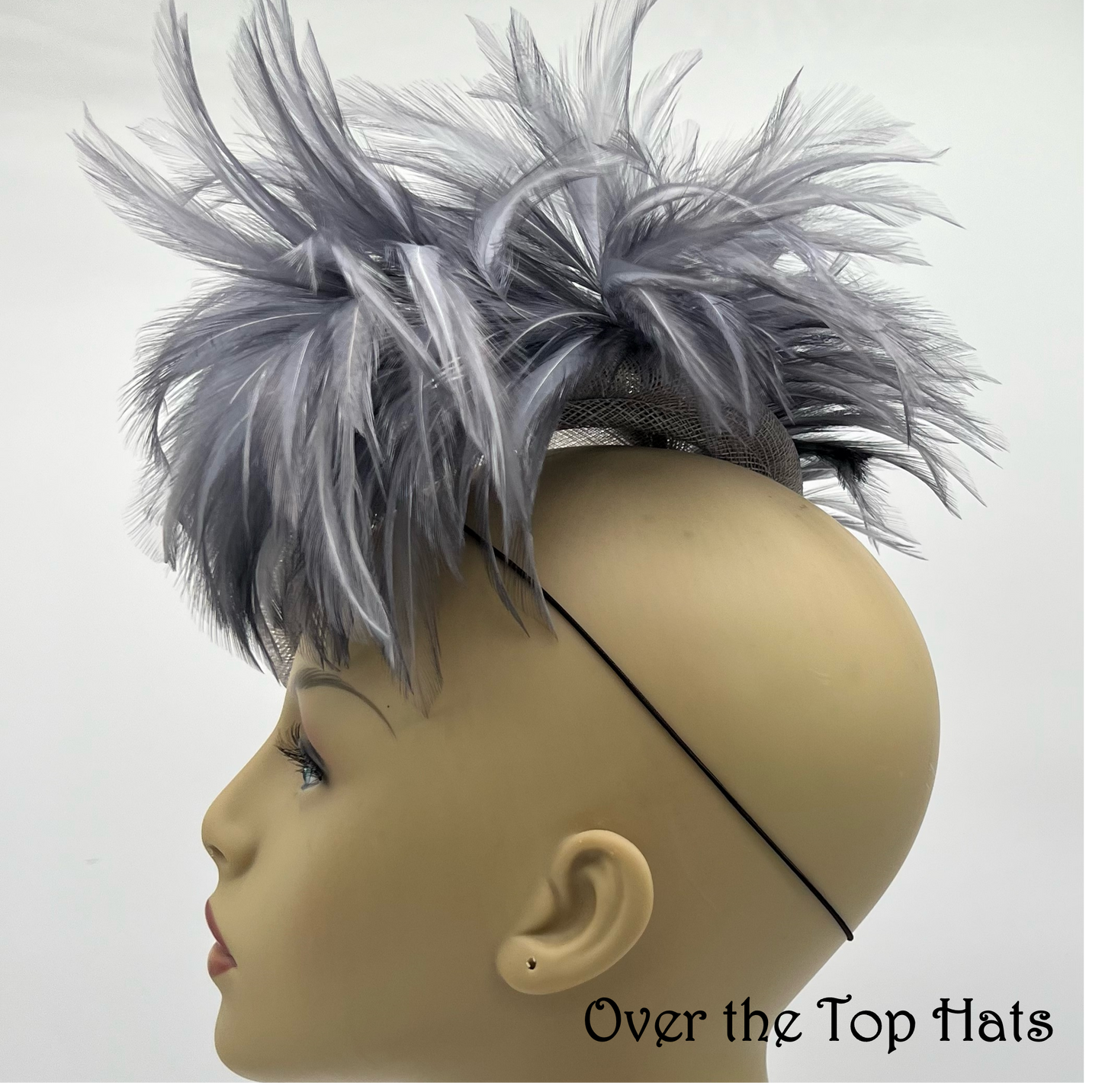 Grey Button Hat with Feathers, Great for Church, Weddings, Ascot, Kentucky Derby, and Luncheons