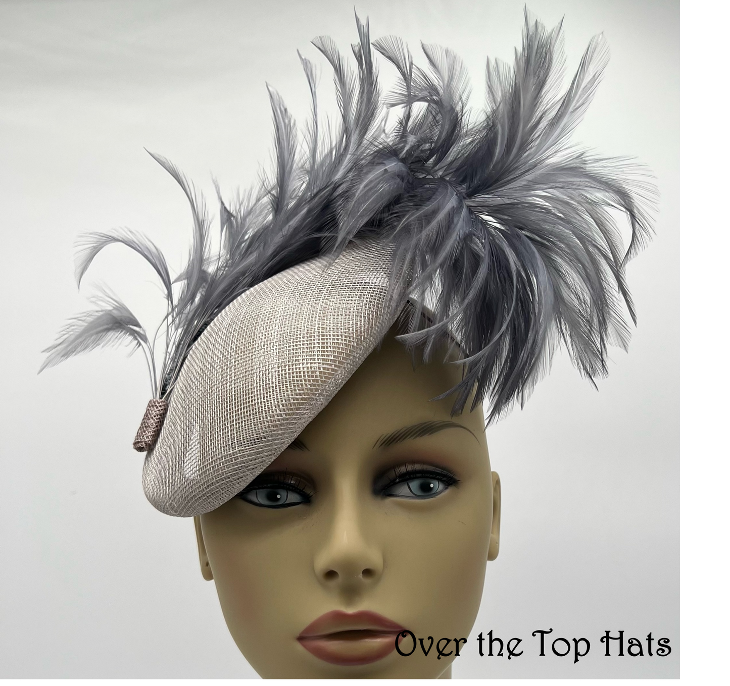 Grey Button Hat with Feathers, Great for Church, Weddings, Ascot, Kentucky Derby, and Luncheons