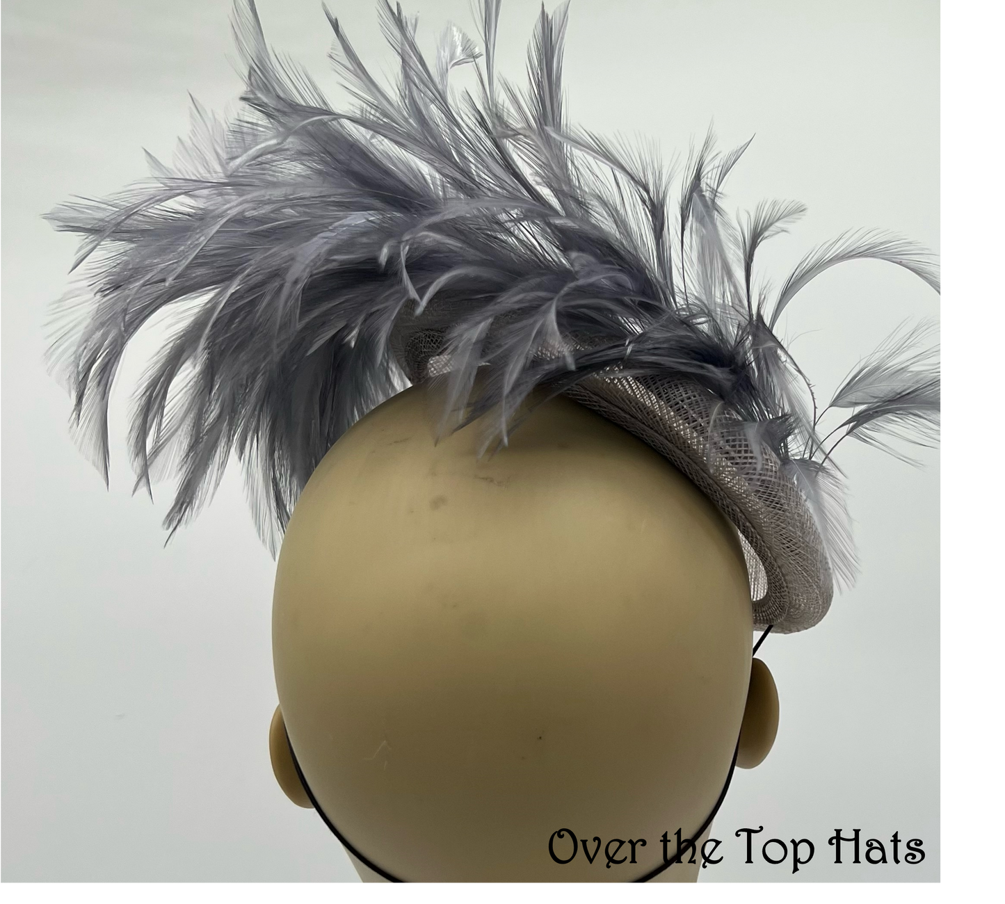 Grey Button Hat with Feathers, Great for Church, Weddings, Ascot, Kentucky Derby, and Luncheons