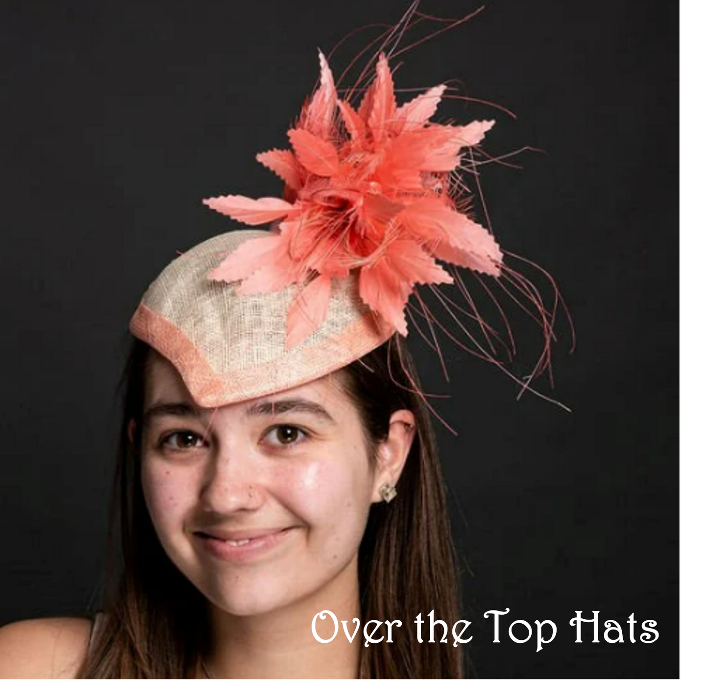 Kentucky Derby Coral and Ivory Percher Hat with Coral Feathers