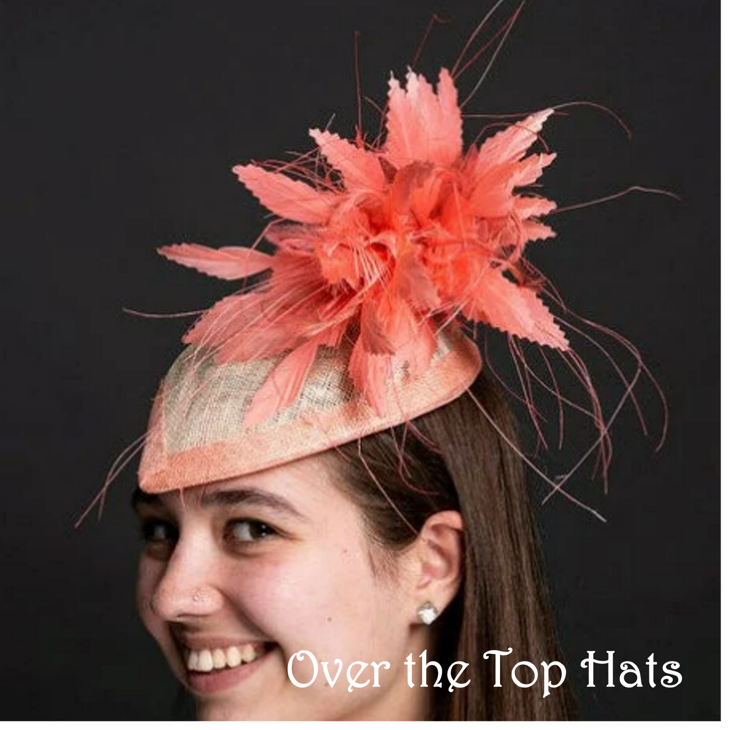 Kentucky Derby Coral and Ivory Percher Hat with Coral Feathers