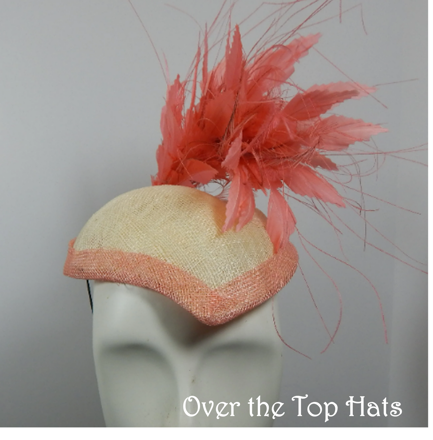 Kentucky Derby Coral and Ivory Percher Hat with Coral Feathers