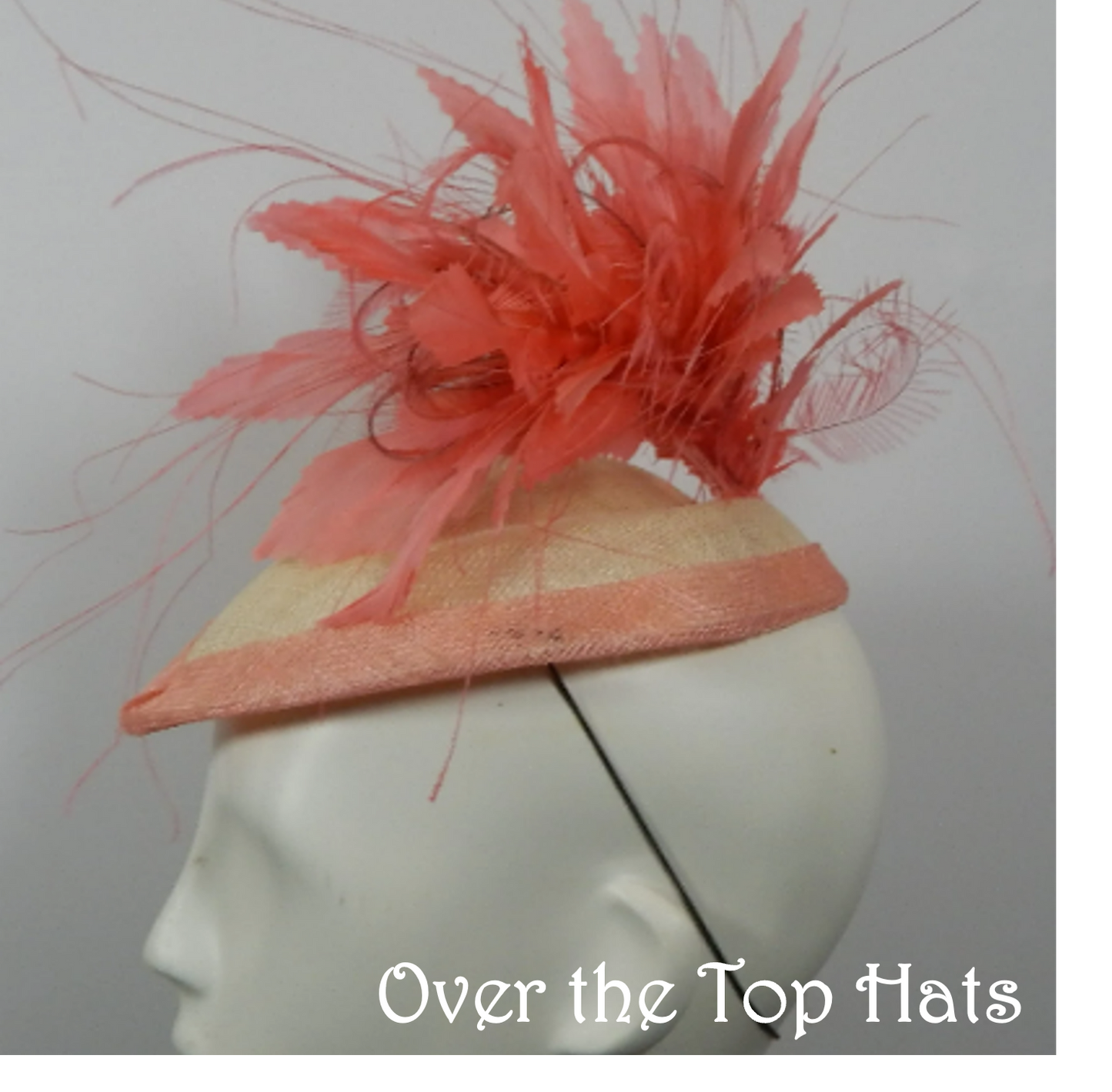 Kentucky Derby Coral and Ivory Percher Hat with Coral Feathers