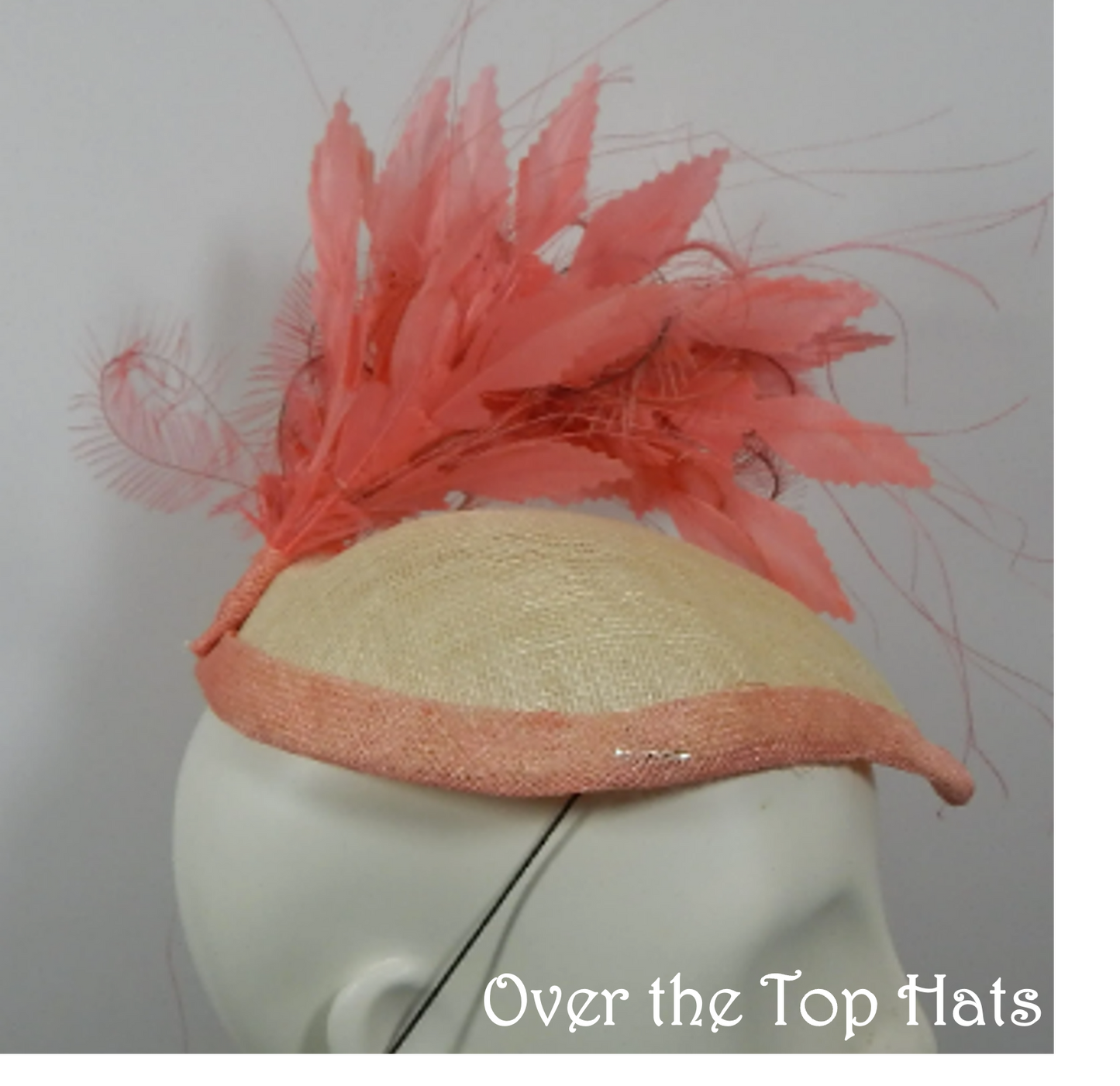 Kentucky Derby Coral and Ivory Percher Hat with Coral Feathers