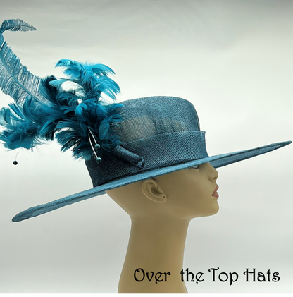 Beautiful  Teal Big Brimmed Hat with Asymmetrical Crown and Feathers, Great for Derby, Steeple Chase, Garden Party or Special Occasion
