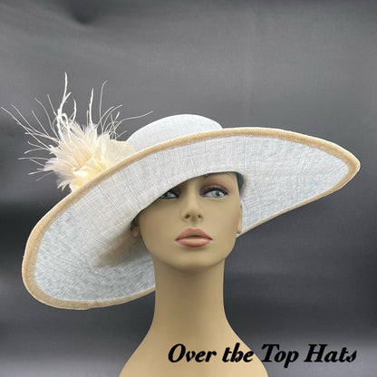 Lovely Blue and Cream Big Brimmed Hat Great for Garden Party, Wedding or Derby