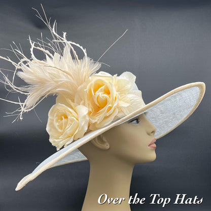 Lovely Blue and Cream Big Brimmed Hat Great for Garden Party, Wedding or Derby