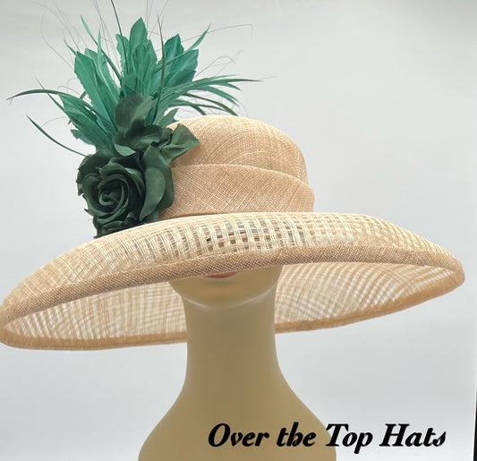 Stunning Big Brim Natural Sinamay with Green Feathers and Flowers, Great for Kentucky Derby, Steeplechase, Ascot, or Church