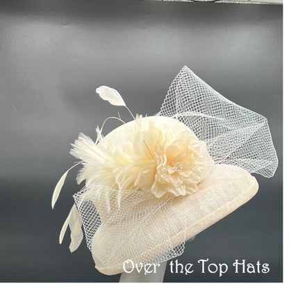 Ivory Hat with Domed Brim, Vintage Veiling, Feathers and Flower