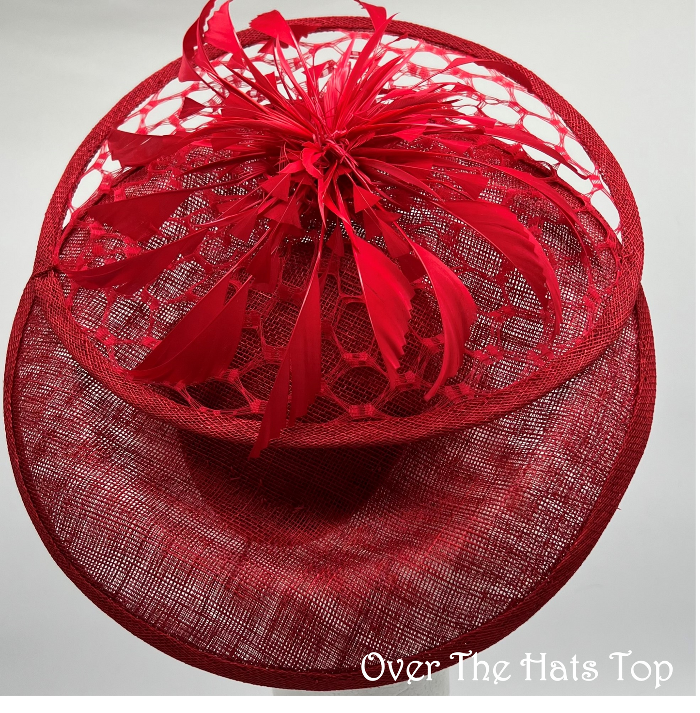 Red Saucer Hat with Feathers and Netting, Great For Derby, Ascot, Church and Garden Party