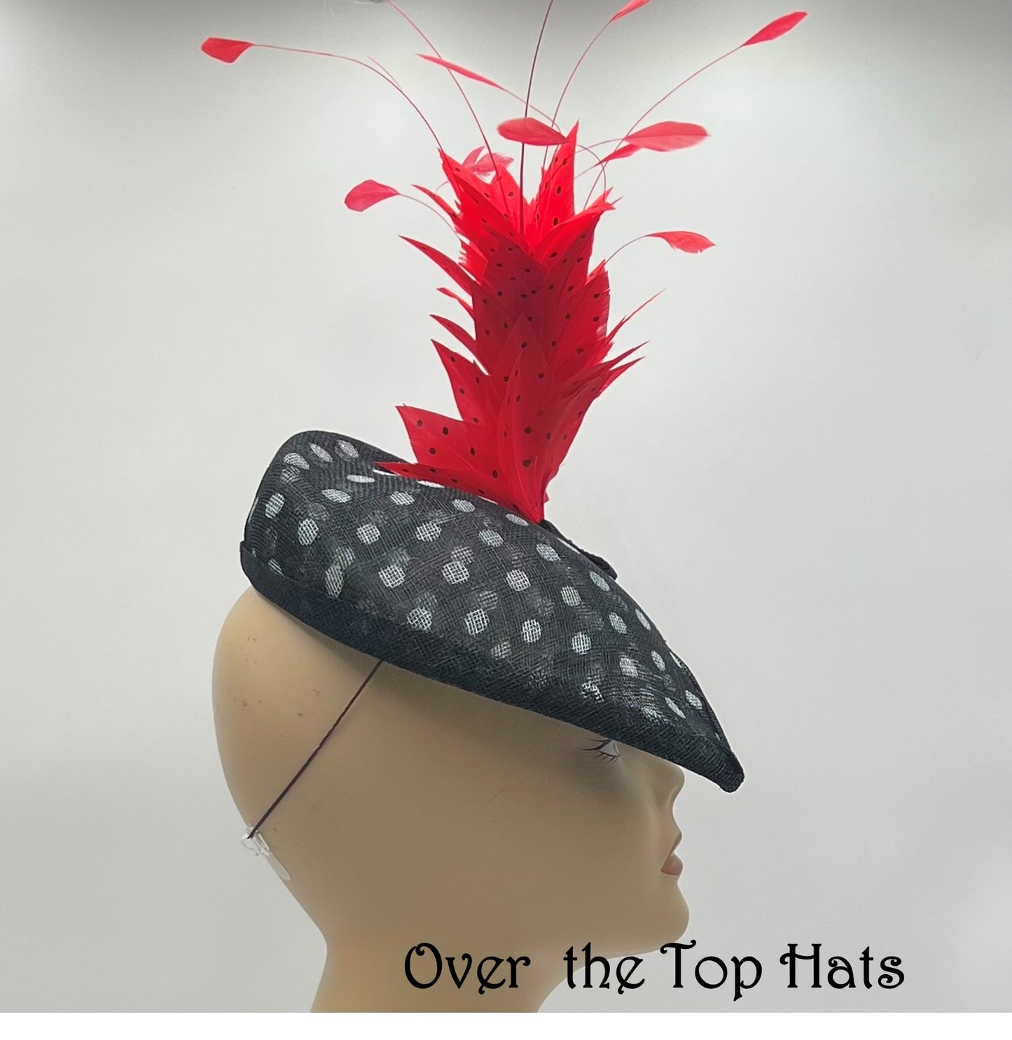 Black and white Percher Fascinator with Red and Black Feathers for Special Occasion