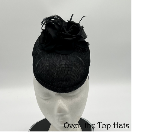 Black Percher Hat with Flowers and Feathers