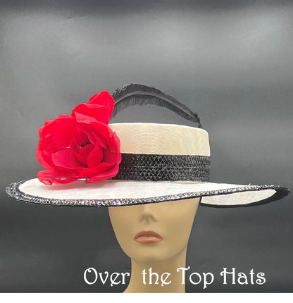 White, Black and Red Boater Hat for Kentucky Derby