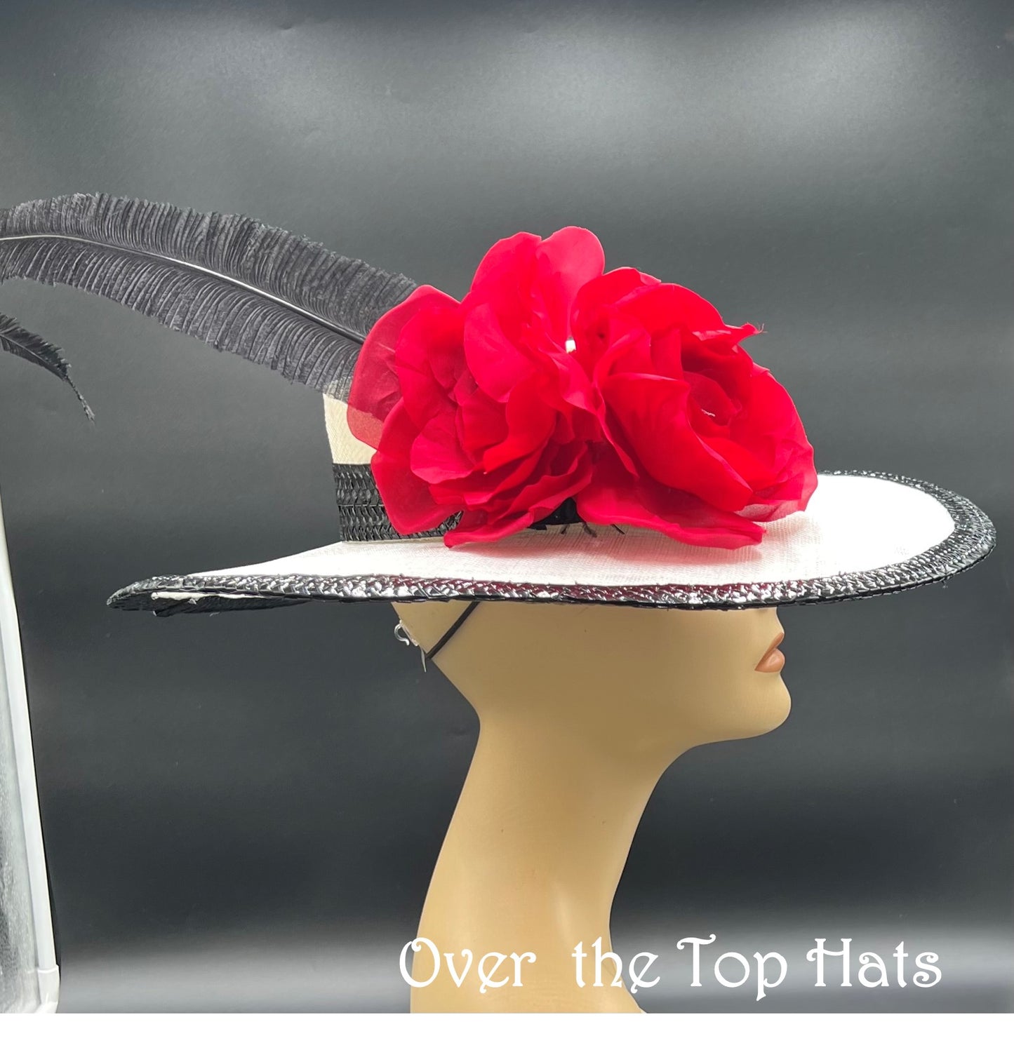 White, Black and Red Boater Hat for Kentucky Derby