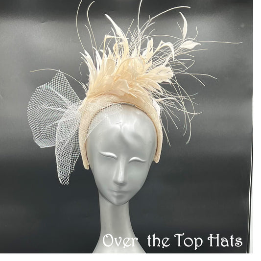 Ivory Headband with feathers and vintage veiling
