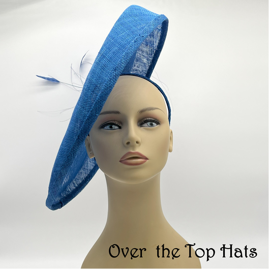 Royal Blue Saucer Hat with Silk Roses and Feather, Perfect for Derby or Special Occasion
