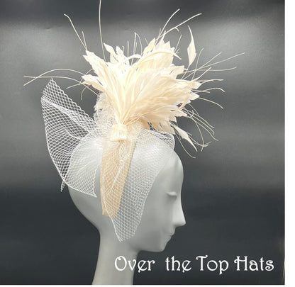 Ivory Headband with feathers and vintage veiling