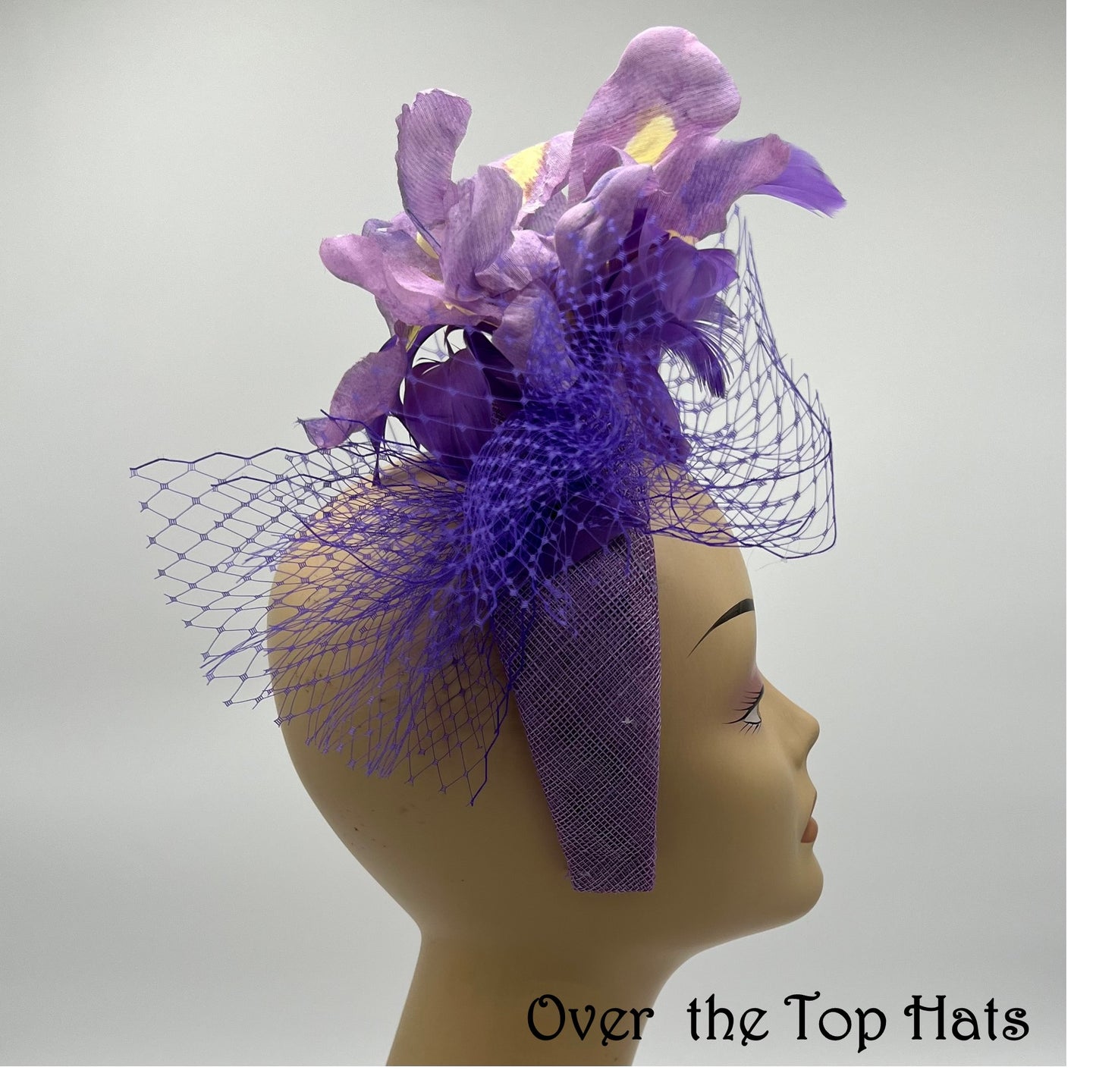 Purple Sinamay Headband with Netting and hand tooled Iris great for Derby, steeplechase, wedding