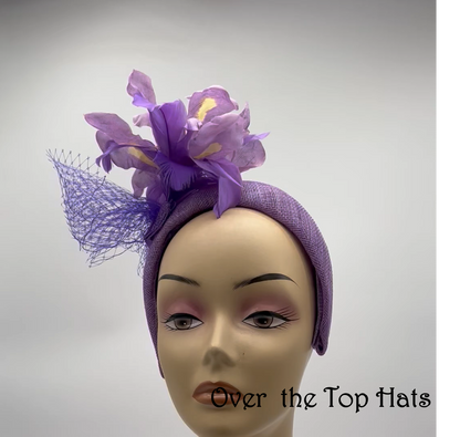 Purple Sinamay Headband with Netting and hand tooled Iris great for Derby, steeplechase, wedding