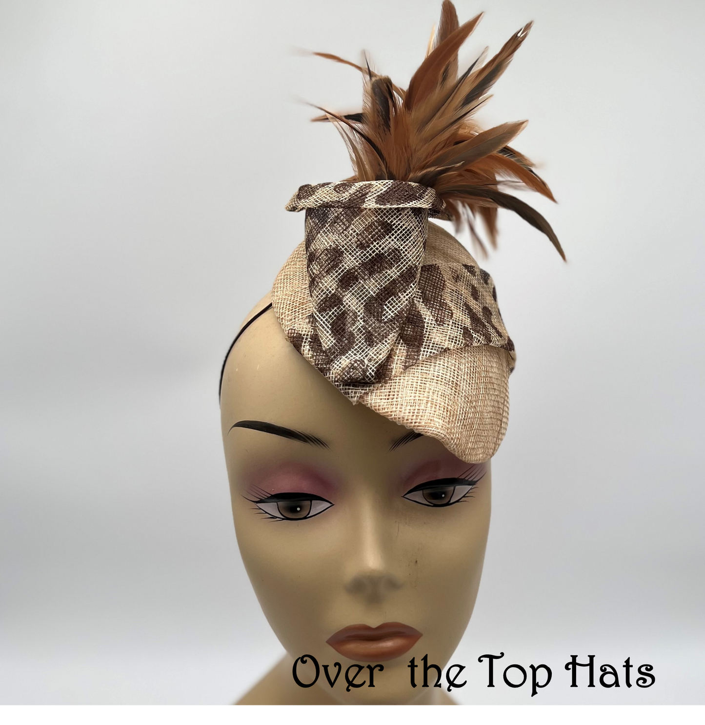 Natural Percher Hat with Animal Print Trim for Derby, wedding, Luncheon