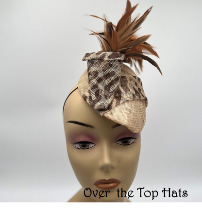 Natural Percher Hat with Animal Print Trim for Derby, wedding, Luncheon