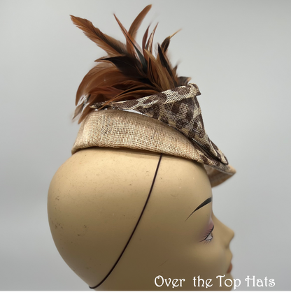 Natural Percher Hat with Animal Print Trim for Derby, wedding, Luncheon