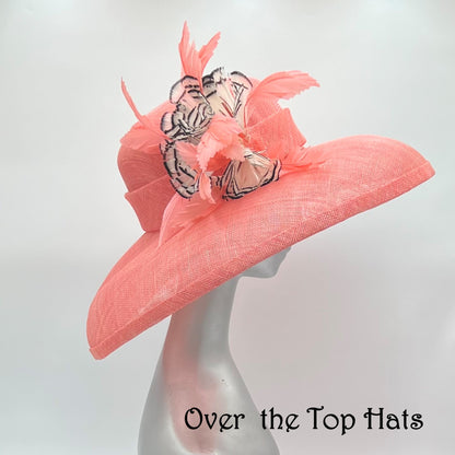 Big Brimmed Domed Coral Hat for Special Occasion, Derby or Church