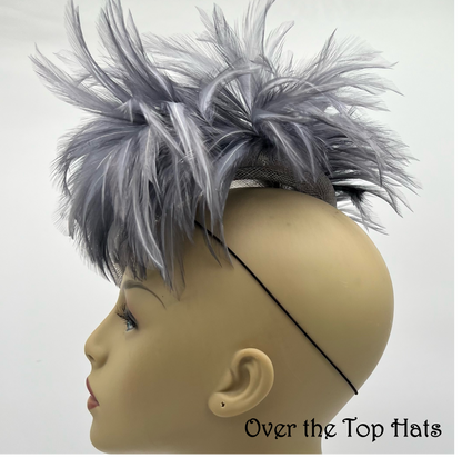 Grey Button Hat with Feathers, Great for Church, Weddings, Ascot, Kentucky Derby, and Luncheons