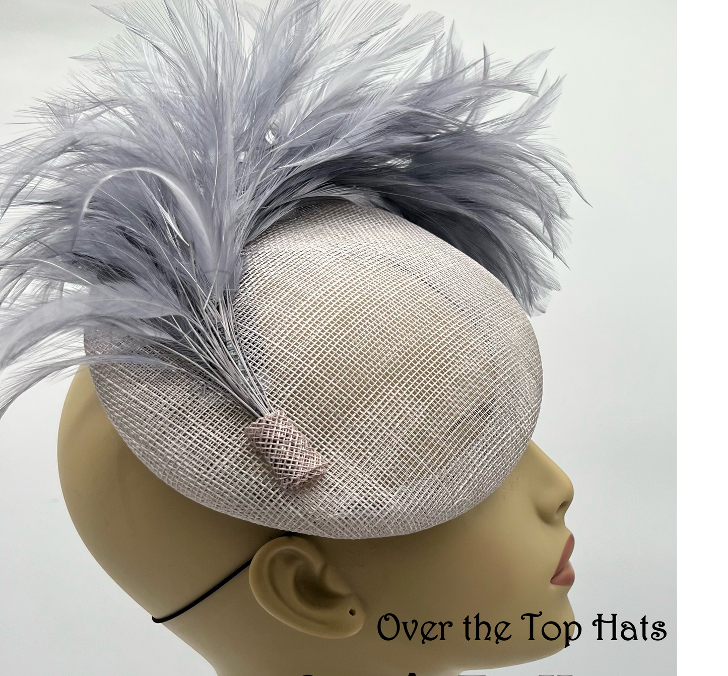 Grey Button Hat with Feathers, Great for Church, Weddings, Ascot, Kentucky Derby, and Luncheons