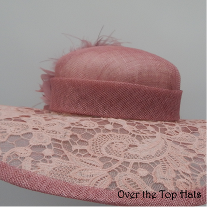 Beautiful Pink/Rose Sinamay and Lace Big Brimmed Hat for Kentucky Derby, Steeplechase, Ascot, or Weddings