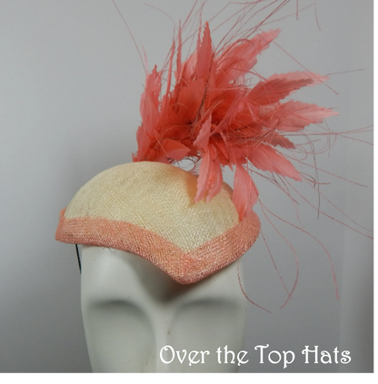 Kentucky Derby Coral and Ivory Percher Hat with Coral Feathers