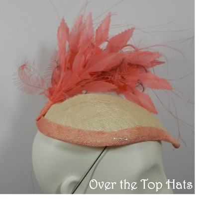 Kentucky Derby Coral and Ivory Percher Hat with Coral Feathers