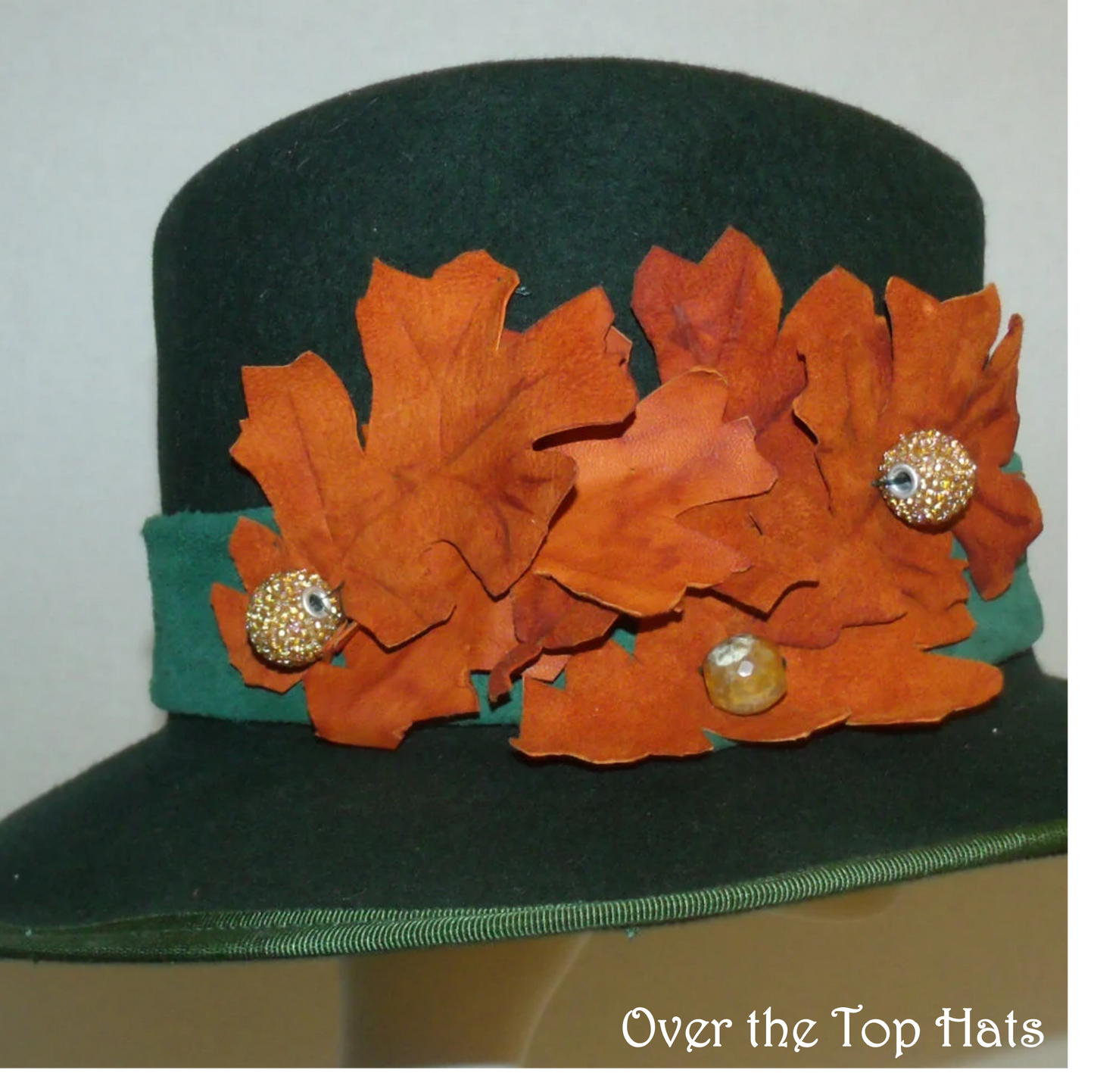 Green Felt Fedora with Green Leather Band and Hand Tooled Leather leaves