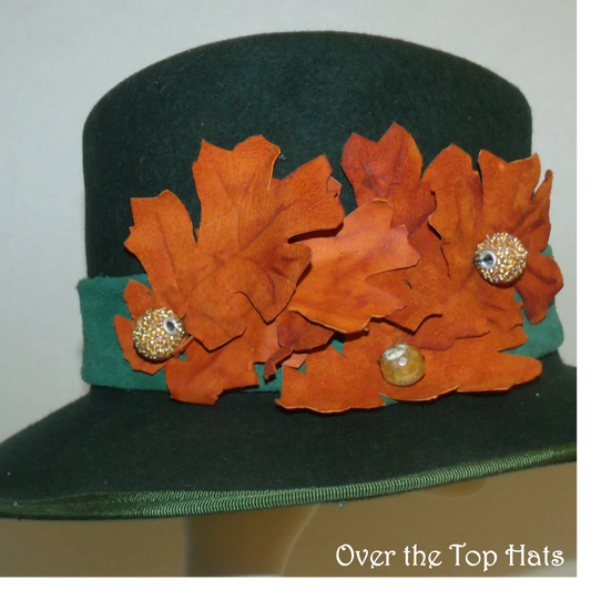 Green Felt Fedora with Green Leather Band and Hand Tooled Leather leaves