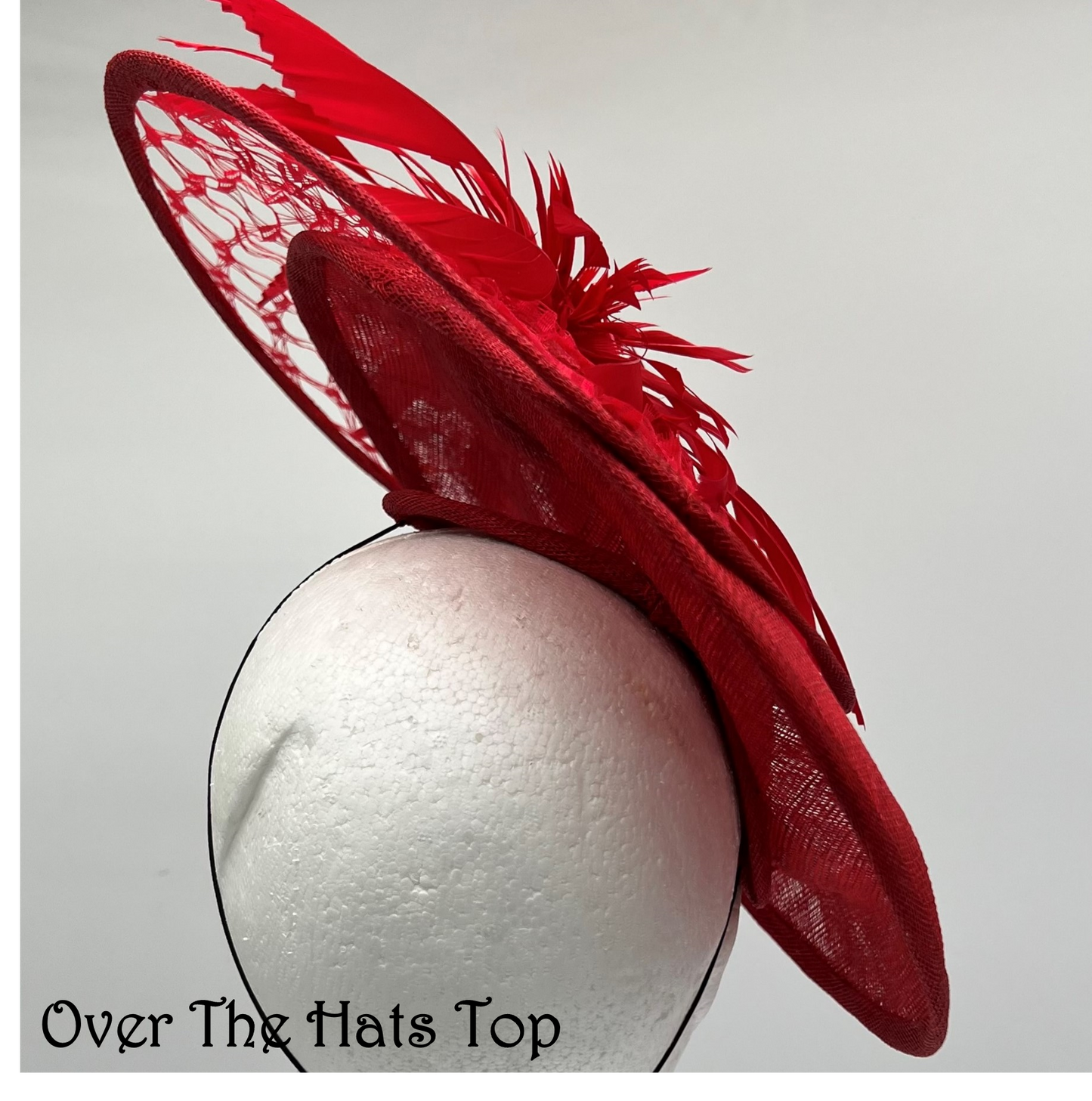 Red Saucer Hat with Feathers and Netting, Great For Derby, Ascot, Church and Garden Party