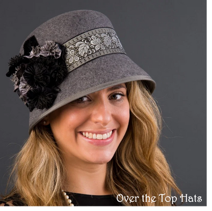 Grey Cloche Hat with Black and Grey trim