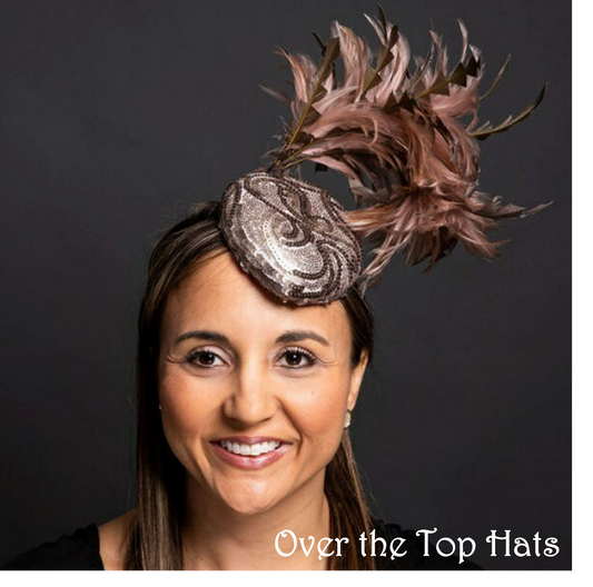 Bronze and Gun Metal Sequined Tear-Drop Fascinator with Two-Toned Feathers