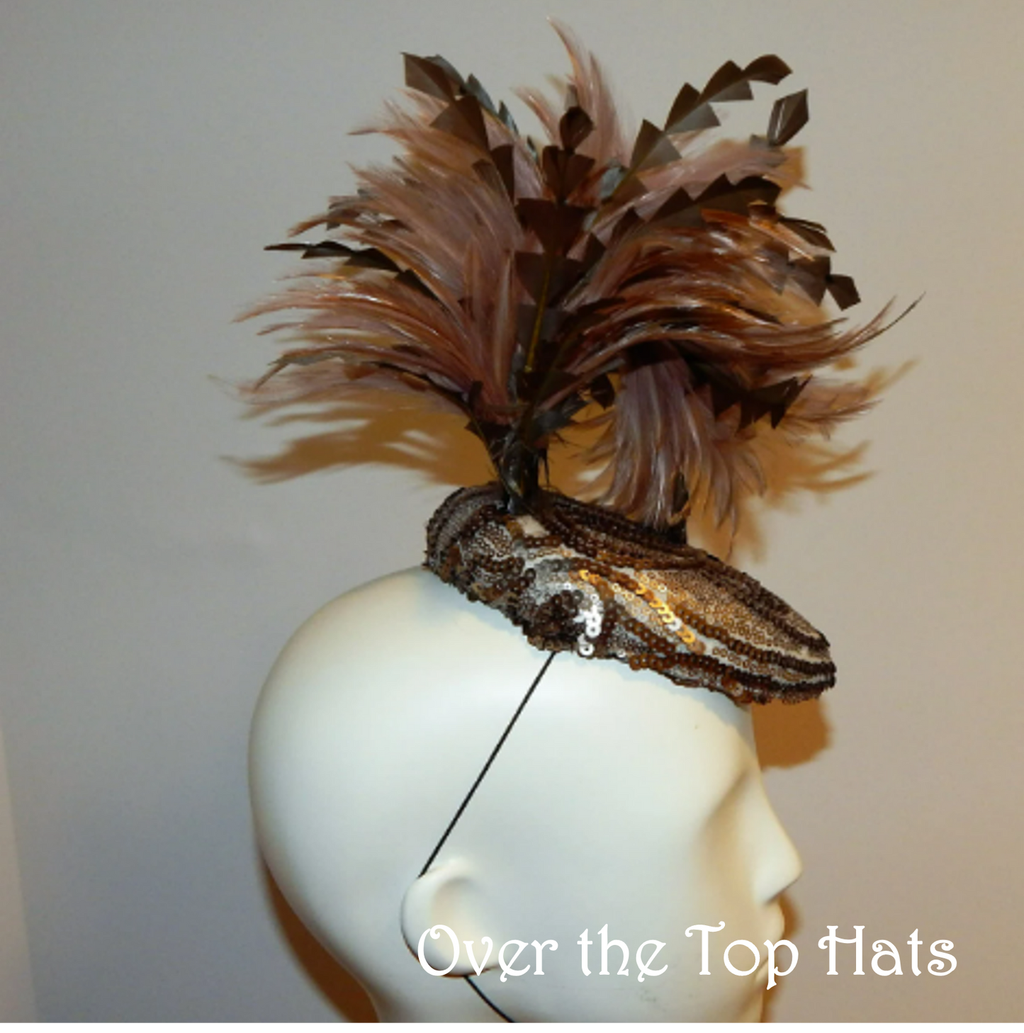 Bronze and Gun Metal Sequined Tear-Drop Fascinator with Two-Toned Feathers
