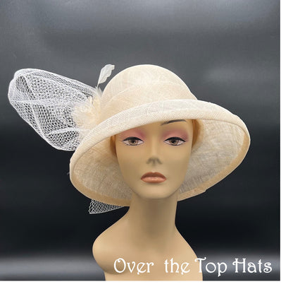 Ivory Hat with Domed Brim, Vintage Veiling, Feathers and Flower