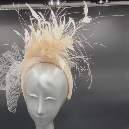 Ivory Headband with feathers and vintage veiling