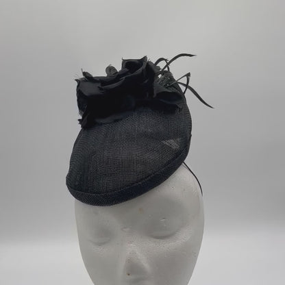 Black Percher Hat with Flowers and Feathers